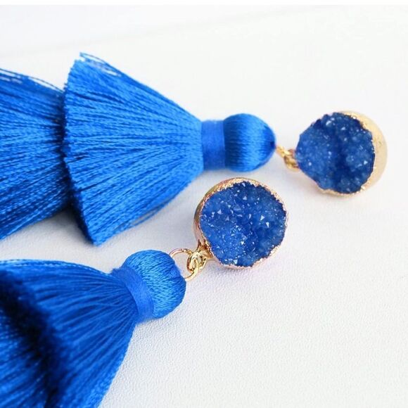 14K Yellow Gold with Blue Silk Thread Tassel and Quartz Druzy Post Drop Earrings - Picture 2 of 8